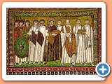 6.2.04-Musivaria bizantina-Justiniano ofreciendo una patena de oro a San Vital acompañado por dignatarios.- San Vital in Ravena-Italia